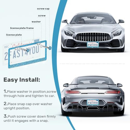QUANQIUFEI 2 Pack Bling License Plate Frames, Sparkly Rhinestone Diamond Car License Plate Cover for Women, Stainless Steel Car Accessories with Glitter Crystal Caps (Blue Zircon) - color: Blue Zircon