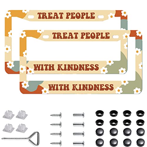 2Pcs Treat People with Kindness License Plate Frames Cover Holders Stainless Steel License Plate Cover with Screw Caps Cover and Screwdriver Set - 2-Hole for Girl Women Treat People with Kindness - color: TREAT PEOPLE WITH KINDNESS