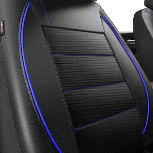 CAR PASS Universal FIT Piping Leather Two Front Seat Covers, Waterproof Faux Leather for SUV Sedan Van Truck, Airbag Compatible,Reserved Opening Holes for Headrest Covers. (Black and Blue) - color: Black Blue