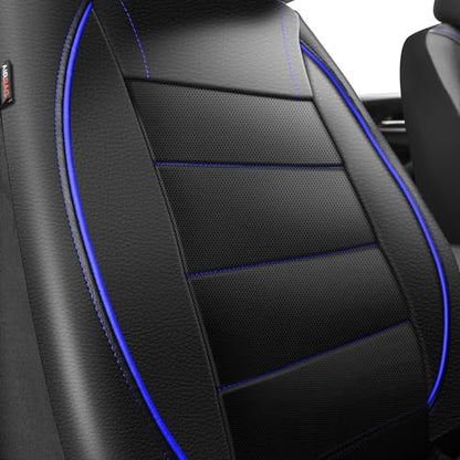 CAR PASS Universal FIT Piping Leather Two Front Seat Covers, Waterproof Faux Leather for SUV Sedan Van Truck, Airbag Compatible,Reserved Opening Holes for Headrest Covers. (Black and Blue) - color: Black Blue