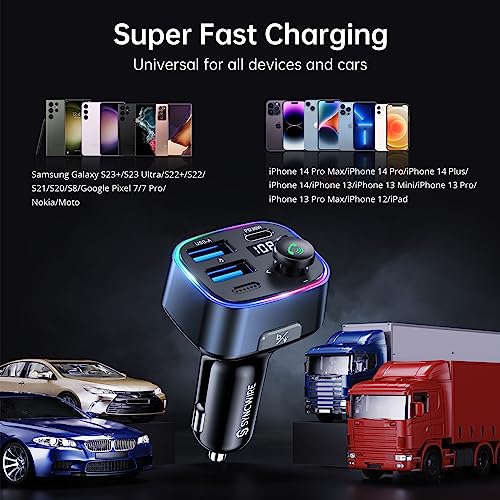 SYNCWIRE Bluetooth 5.3 FM Transmitter Car Adapter 38W [Light Switch] [HiFi Bass Sound] [Fast Charging] Wireless Radio Music Adapter LED Display Hands-Free Calling Support USB Drive - color: Dark Blue, style: 38W