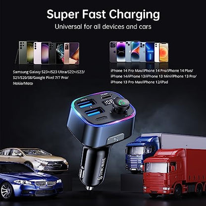 SYNCWIRE Bluetooth 5.3 FM Transmitter Car Adapter 38W [Light Switch] [HiFi Bass Sound] [Fast Charging] Wireless Radio Music Adapter LED Display Hands-Free Calling Support USB Drive - color: Dark Blue, style: 38W