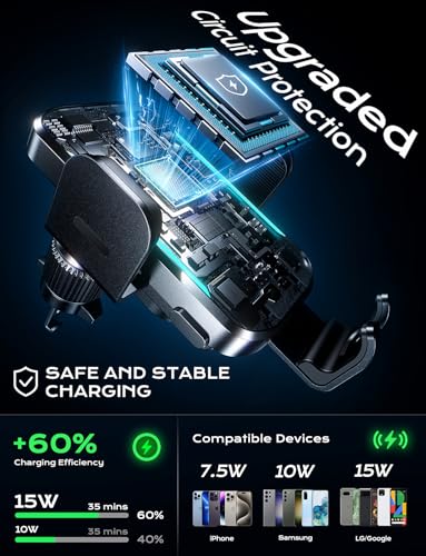Wireless Car Charger, 15W Fast Charging Car Phone Holder Charger Auto-Clamping Air Vent Car Phone Mount with Blue LED Backlit for iPhone 16 15 14 13 12, Samsung S24 S23 S22, etc