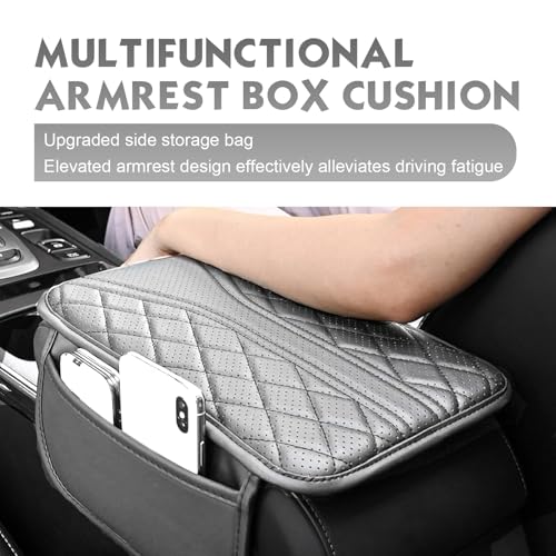Car Center Console Cover, Leather Automotive Armrest Cushion with 2 Storage Bags, Breathable Armrest Cover, Universal Waterproof Arm Rest Protection Pad for SUV, Sedan, Truck (Gray) - color: Gray