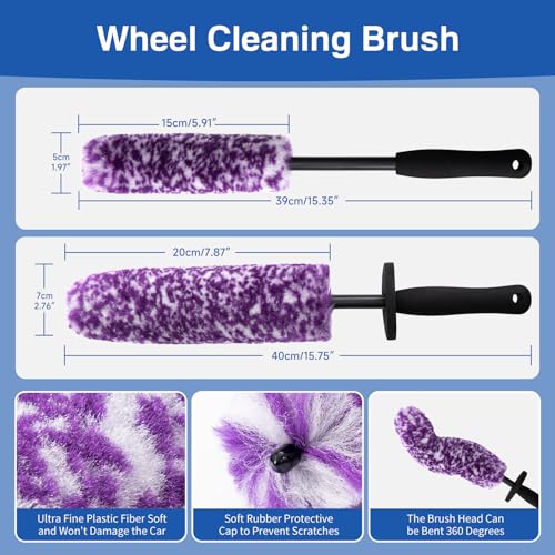 4 Pack Wheel Tire Cleaning Brush Kit Cars Motorcycles RVs Trucks Rim Hub Ultra Soft Microfiber No Spatter 360 Bendable Synthetic Woolies Wash Vehicles Bristle Set - color: Purple & White