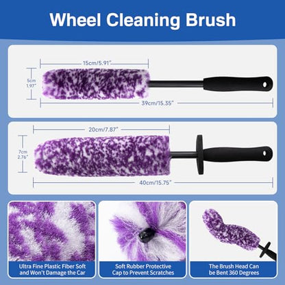 5 Pack Car Wheel and Tire Cleaner Brushes Kit Auto Motorcycle Rim Ultra Soft Microfiber No Spatter Bendable Woolies Bristle Cleaning Set (Purple & White) - color: Purple & White