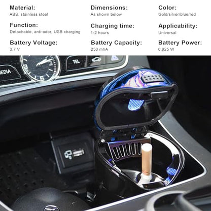 Car Ashtray with Lid, Detachable USB Rechargeable Auto Cigarette Lighter with Blue LED Light, Portable Smell Proof Stainless Car Ash Tray, Mini Automotive Trash Can (Blue) - color: Blue