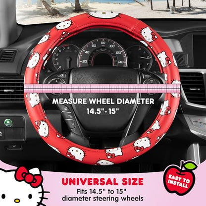 Hello Kitty Steering Wheel Cover Official Sanrio Car Accessory Universal Size 14.5 to 15 Inch Cute Red Design for Women Girls Sedans SUVs Trucks, Anti-Slip Grip, Stretch-Fit Design - style: Hello Kitty Red