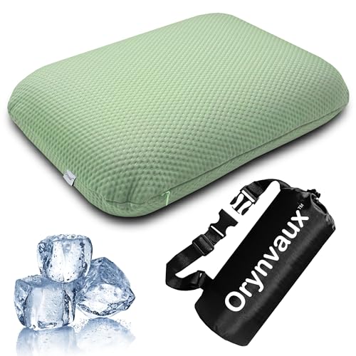 Cooling Camping Pillow, Memory Foam Travel Pillow with Adjustable Buckle Strap & Storage Bag, Compact Small Pillow for Airplane, Car Lumbar, Office, Washable Cooling Cover, Canopy Green - color: Canopy Green, size: L-17.5*11.8*4.3in