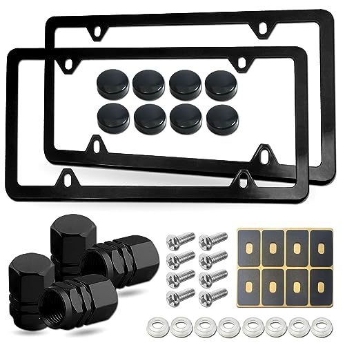 Matte Black License Plate Frames- Aluminum Front & Rear Car Tag Frames for Men Women, 2 Pack 4 Hole Thin Slim Holders with Mounting Hardware- Screws, Rattle Proof Pads - color: Black