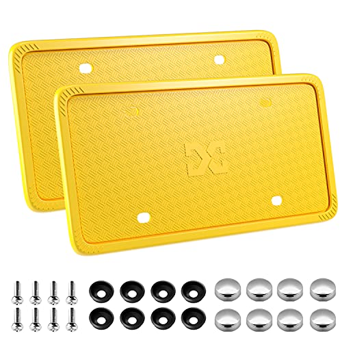 XCLPF Silicone License Plate Frame Covers 2 Pack- Front and Back Car Plate Bracket Holders. Rust-Proof, Rattle-Proof, Weather-Proof (Yellow) - color: Yellow