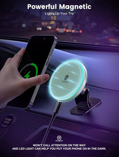 MOKPR for Magnetic Car Mount Charger-15W Wireless Car Charger-Magnetic Car Phone Holder for Dash Air Vent-LED RGB HandsFree Car Mount Fast Car Charger for iPhone 14/13/12 Series,Green - color: Green Cover