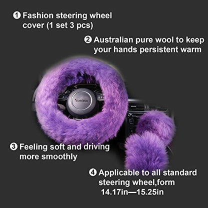 Yontree Fashion Fluffy Steering Wheel Covers for Women/Girls/Ladies Australia Pure Wool 15 Inch1 Set 3 Pcs (Purple) - color: Purple, size: Long Wool
