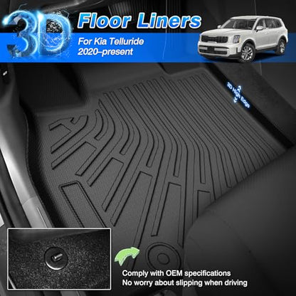 Telluride Floor Mats - Fit for Kia Telluride 2020-2025 (7&8 Seats), All Weather Floor Mat & Cargo Liner w/Baclkrest for Telluride Accessories, Heavy Duty Waterproof - size: 3)Kia Telluride【20-25】Full set