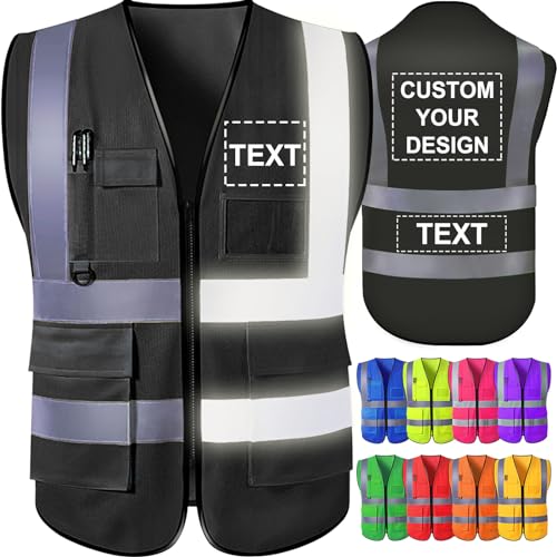 Custom Safety Vest for Men with Logo Pockets High Visibility Reflective Vests Construction Security Workwear - color: Black, size: 3X-Large