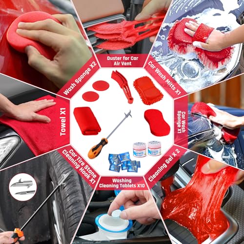 34PCS Car Detailing Brush Set, Car Detailing Kit, Car Detailing Brushes, Car Cleaning Kit, Car Windshield Cleaning Tool, Professional Car Care kit - Car Wash Brush kit for Interior Exterior Wheels - color: 34 PCS-Red