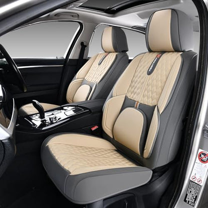Khaki Car Seat Cover Complete Set, Universal Car Seat Cover for Car with Lumbar Support, Premium Artificial Leather, Waterproof and Easy to Clean, Airbag Compatible, Seat Heating Compatible - color: Khaki