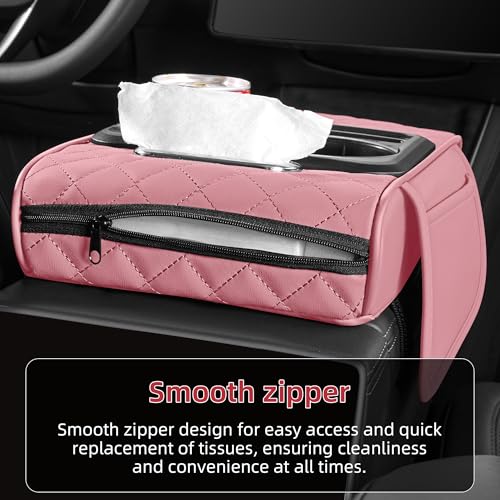 5 in 1 Car Center Console Cover, Armrest Pad with 2 Storage Pockets, Cup Holder, Tissue Box Slot, Phone Holder, Universal Car Interior Organizer (Pink) - color: Pink
