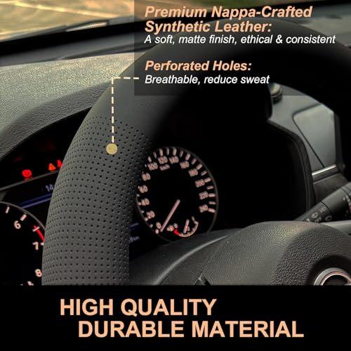 PINCTROT D Shaped Nappa Leather Steering Wheel Cover, Slim Fit No Bulk Design, One Piece Leather with Breathable Perforation, Fit Like Gloves, Flat Bottom 14.5-15 Inch(Nappa Black) - color: 01.Black, size: D Shaped/Flat Bottom[14 1/2''-15'']