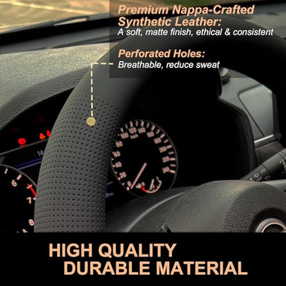 PINCTROT D Shaped Nappa Leather Steering Wheel Cover, Slim Fit No Bulk Design, One Piece Leather with Breathable Perforation, Fit Like Gloves, Flat Bottom 14.5-15 Inch(Nappa Black) - color: 01.Black, size: D Shaped/Flat Bottom[14 1/2''-15'']