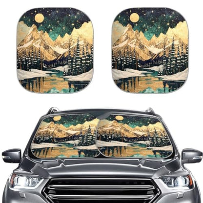 Front Windshield Sun Shade, 2-Piece Car Front Window Pad Folding Sun Visor Windshield Protector Universal Fit Most Cars SUV Truck Van Sedan, Camp Mountain - color: Camp Mountain Moon