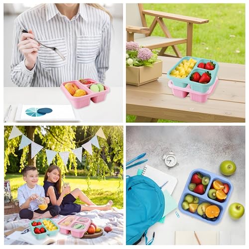 Finorder 4 Pack Wheat Straw Containers, Pastel Multi-color 3 Compartment Reusable Snack Bento Box Toddler, Square Meal Prep Food Containers for Kids, Adults, Office and Travel - color: 4 Pack Wheat Straw Containers