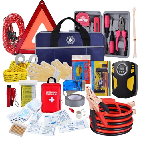 All-in-One Car Emergency Kit with Digital Tire Inflator, Jumper Cable, Tow Strap, Reflective Triangle, First Aid Kit, Hand Crank Flashlight, and Repair Tools for Roadside Safety (Blue) - color: Blue