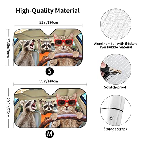Cat with Raccoon Car Windshield Sunshade Foldable Sun Visor Front Window Sun Shade Cover for Car Truck SUV 55x29.9 Inches - color: Cat