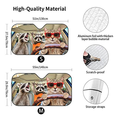 Cat with Raccoon Car Windshield Sunshade Foldable Sun Visor Front Window Sun Shade Cover for Car Truck SUV 55x29.9 Inches - color: Cat