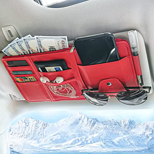 Keedolla Car Sun Visor Organizer with Multi-Pocket Net Zipper, Truck Visor Organizer Storage Pouch Holder for Cards, Pens, Sunglasses, CD Holder - Red - color: Red