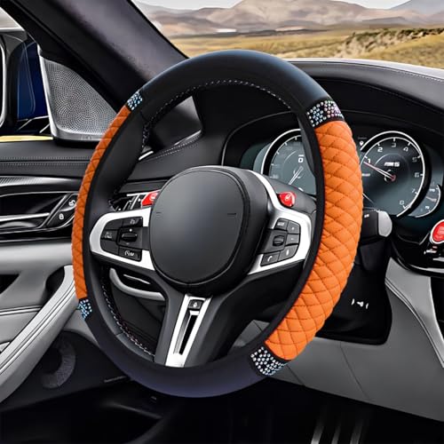 ZIMISI Bling Soft Leather Steering Wheel Cover, 15" Anti-Slip Sparkly Crystal Auto Elastic Steering Wheel Protector for Women Girl, Colorful Diamond Car Interior Accessory for Most Cars (Orange) - color: Orange