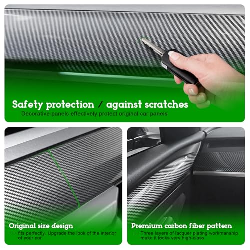 Dashboard & Door Trim Cover Wrap for Tesla Model Y 2019-2024, Model 3 2021-2023 -Gloss Carbon Fiber Pattern ABS 4PCS Interior Armrest Panel Protection Kit, Adhesive Style Upgrade - color: Gloss Carbon Fiber