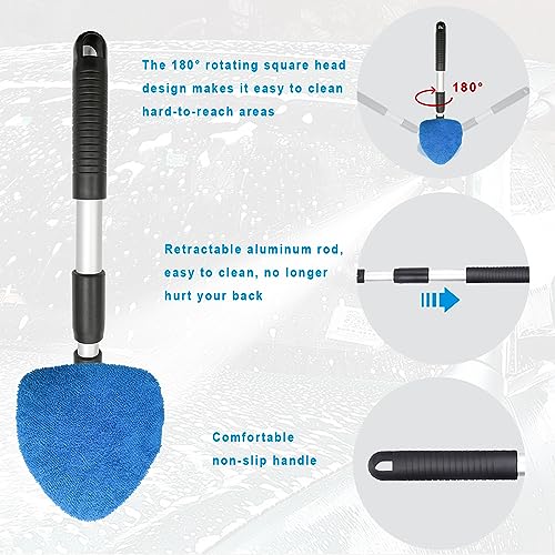 Ziciner Car Windshield Cleaner, Microfiber Auto Cleaning Wiper with Aluminum Extendable Handle and 2 Washable Reusable Cloth Pad Head, Universal Vehicle Interior Exterior Cleaner Kit (Blue-Triangle) - size: Blue-triangle