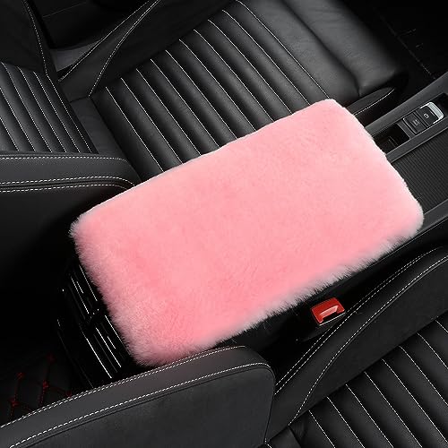 Genuine Sheepskin Center Console Cover Pad Genuine Furry Fluffy Wool Fur Car Armrest Cover Protector Universal Fit for SUV/Truck/Car - color: Shearling-Pink