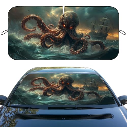 Vintage Scary Octopus Car Windshield Sun Shade - Nautical Pirate Heatshield, Blocks UV Rays, Sun Visor Protector for Sedan, Truck, SUV - 59" L x 31.5" W - color: Vintage Scary Octopus, size: 59"L x 31.5"W