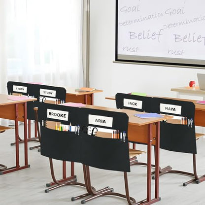 24 Pack Chair Pockets for Classrooms, 16 x 19 inch Pocket Chart Back of Chair Organizer for Kids with Name Slot, Seat Sacks for Classroom Chairs Seat Storage (Black, 24Pack)