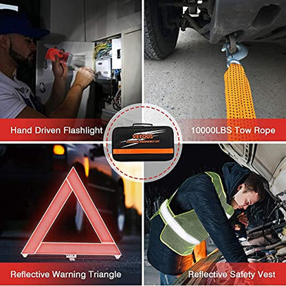 Vetoos Car Roadside Emergency Kit with Jumper Cables, Auto Vehicle Safety Road Side Assistance Kits, Winter Car Kit for Women and Men, with Portable Air Compressor, Tow Rope, Multitool Plier - style: Essential Kit + Air Compressor