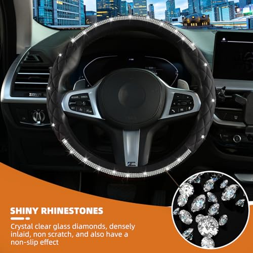 Steering Wheel Cover，with Sparkly Crystal Rhinestone, Delicate and Anti-Slip Bling Steering Wheel Cover ，Adaptable to 14.5-15 inches Car Wheel Protector for Women Girl，Diamond Car Accessories, Black - color: Black