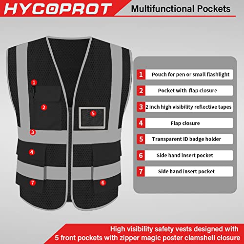 HYCOPROT High Visibility Mesh Safety Reflective Vest with Pockets and Zipper, Meets ANSI/ISEA Standards - color: Black, size: Small