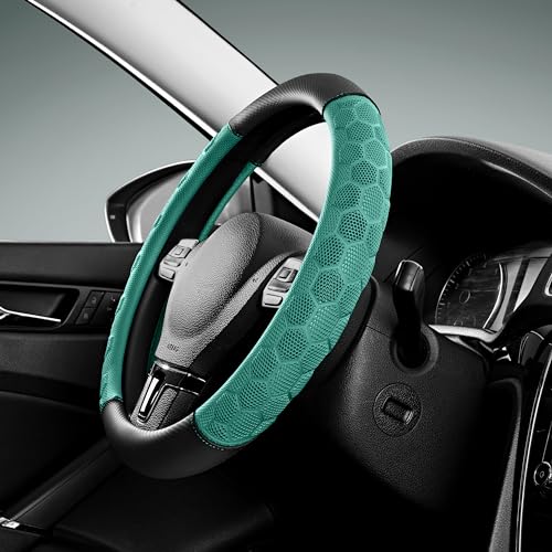 PIC AUTO Massage Steering Wheel Cover, Mint Football Pattern Material Spliced Leather Car Steering Wheel Protector, Car Interior Accessories, Universal Fit 14.5"-15.5" for Cars, Trucks, Van, SUV - color: Mint