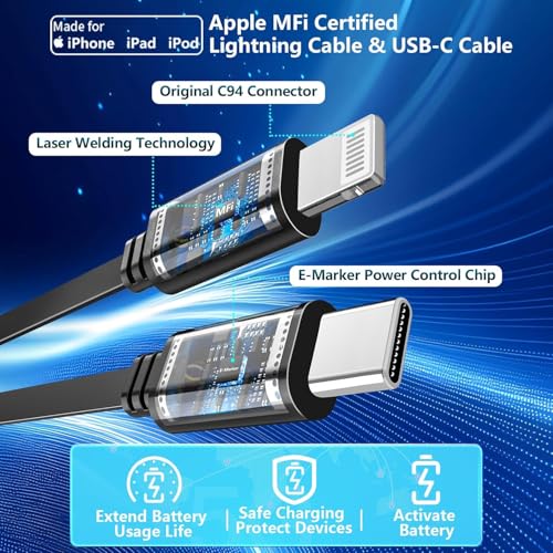 Retractable Car Charger, 120W 4-in-1 USB-C & Lightning Fast Charge Car Phone Charger, Dual Retractable Cable for iPhone 17/16/15/14/13/12 Samsung Travel Essentials Gifts for Women Men - color: Lightning & USB-C Cable