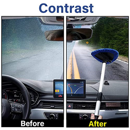 Windshield Cleaning Tool, Car Window Cleaner with 4 Washable Reusable Microfiber Pads, Extendable Long Handle Glass Wiper Cleaning Kit, Auto Accessories Universal for Office and Home (Blue) - color: Blue
