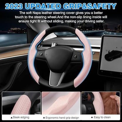 Shademax Custom-Fit for Tesla Steering Wheel Cover, Tesla Model Y / 3 2017-2025 (Fit Model Y Juniper 2026/ Model 3 Highland) Carbon Fiber Steering Wheel Cover for Tesla Model Y / 3 Accessories (Pink) - color: B-Pink