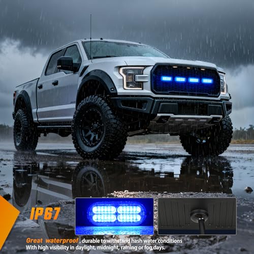 Nilight 4PCS 24LED Emergency Strobe lights 12V 24V Blue Surface Mount Grille Hazard Safety Warning Light Sync Feature Side Flashing Marker Flash for Car Truck Campers - color: Blue