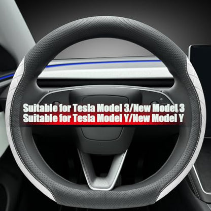 LKWLIKEI Leather Steering Wheel Cover. Elegant Diamond Checkered Design, Non-Slip and Breathable, for Tesla Model 3/Y Steering Wheel Protector,Black White - color: Black White