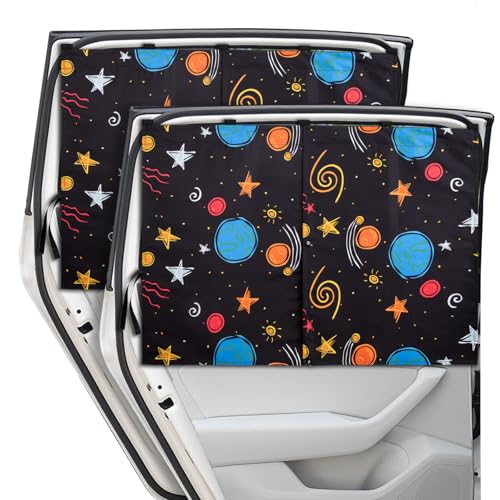 Car Window Shades, 2 Packs Magnetic car Sun Shade for Baby, Double Layers Magnetic Colourful Space Pattern for Full Covers/Half Shade Options, Window Curtains for Heat/UV Protection Sun Block Covers - color: Colourful Space