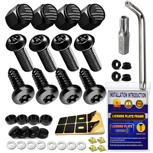 Anti Theft License Plate Screws- Black Security Bolts Fasteners for Front Rear Tag Frame Holder, 1/4'' M6 Stainless Steel Car Truck Motorcycle Mounting Hardware Kit- Screws Caps Insert Nuts - color: Black