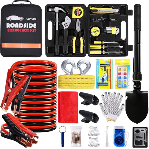 HAIPHAIK Car Emergency Roadside Kit - Roadside Assistance Emergency Kit, Car Emergency Kit with Jumper Cables, Safety Kits for Cars,Folding Shovel, Tow Rope,Car Tool Kit - size: Xxxl-04