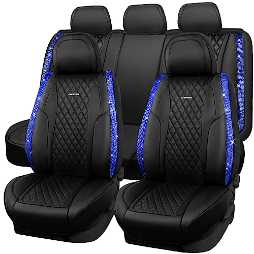 CAR PASS Nappa Leather seat Covers Bling Diamond Car Seat Covers Full Set Universal Cushioned, Waterproof Heavy-Duty Anti-Slip Luxury, Fit for SUV Sedan,Sparkly Glitter Women Crystal Blue Rhinestone - color: Blue Diamond, size: Full Set