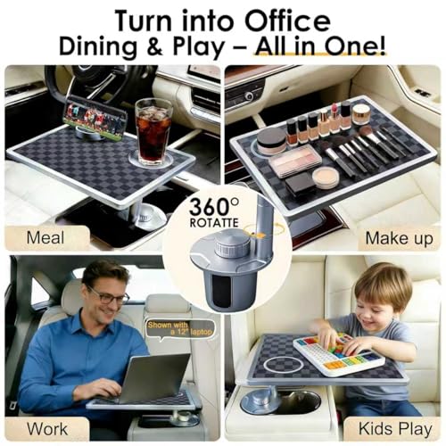 Car Food Tray & Car Table Tray with Car-Grade Aluminum Cup Holder & Phone Stand,360° Rotating Car Desk for Laptop & Eating, Compatible with Tesla Model Y/3/S, Best Fit Round Cup Holder (2.28" - 3.66") - color: 𝗦𝗾𝘂𝗮𝗿𝗲 · Grey&Black